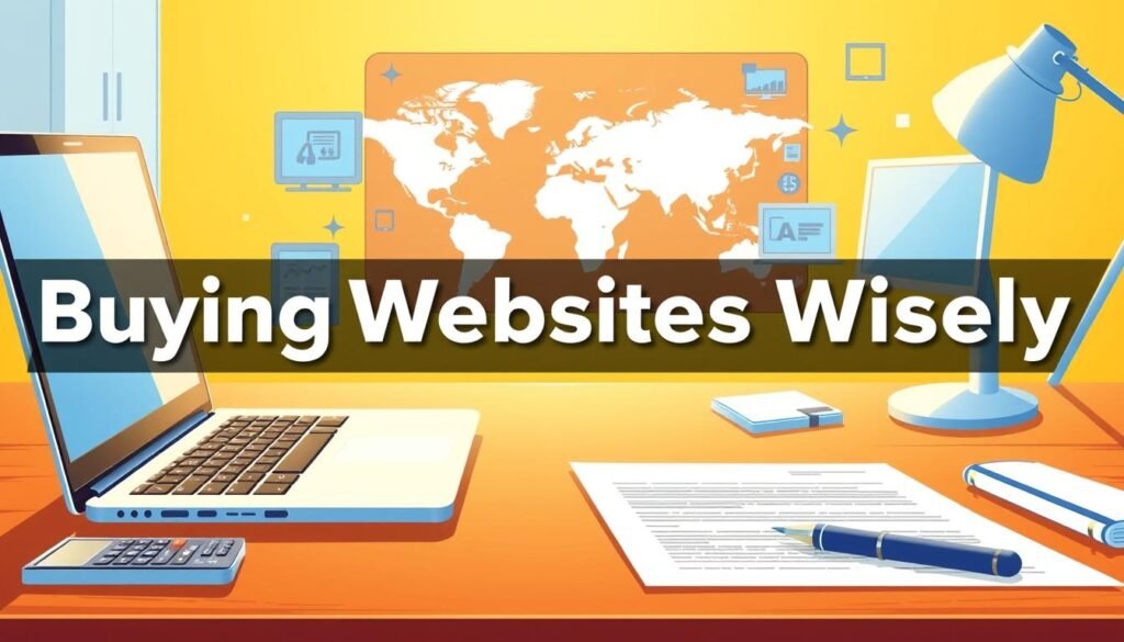 A vibrant and informative illustration of "Buying Websites Wisely". A serene desktop workspace with a laptop, calculator, and legal documents in the foreground, conveying the serious and analytical nature of the process. In the middle ground, a stylized world map and various digital devices, symbolizing the online landscape of website purchases. The background features a warm, golden lighting, creating a sense of expertise and reliability. The composition is balanced, with clean lines and a minimalist aesthetic, guiding the viewer's focus to the key elements of successful website acquisition.