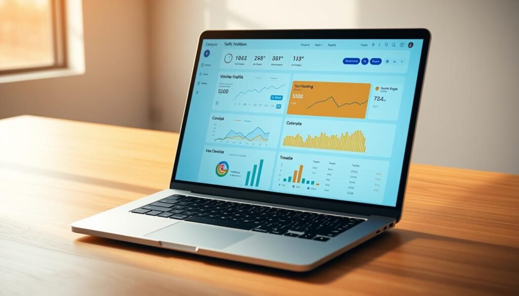 A vibrant and informative website traffic verification dashboard, showcased on a sleek laptop screen. The display features real-time analytics, colorful charts, and intuitive user interface elements that convey website performance and visitor engagement. The scene is illuminated by a warm, natural light, creating a sense of clarity and professionalism. The laptop is situated on a minimalist, wood-grained desk, with a subtle drop shadow enhancing the depth of the composition. The overall atmosphere emanates a sense of trustworthiness and reliability, befitting the due diligence process of evaluating an online business.