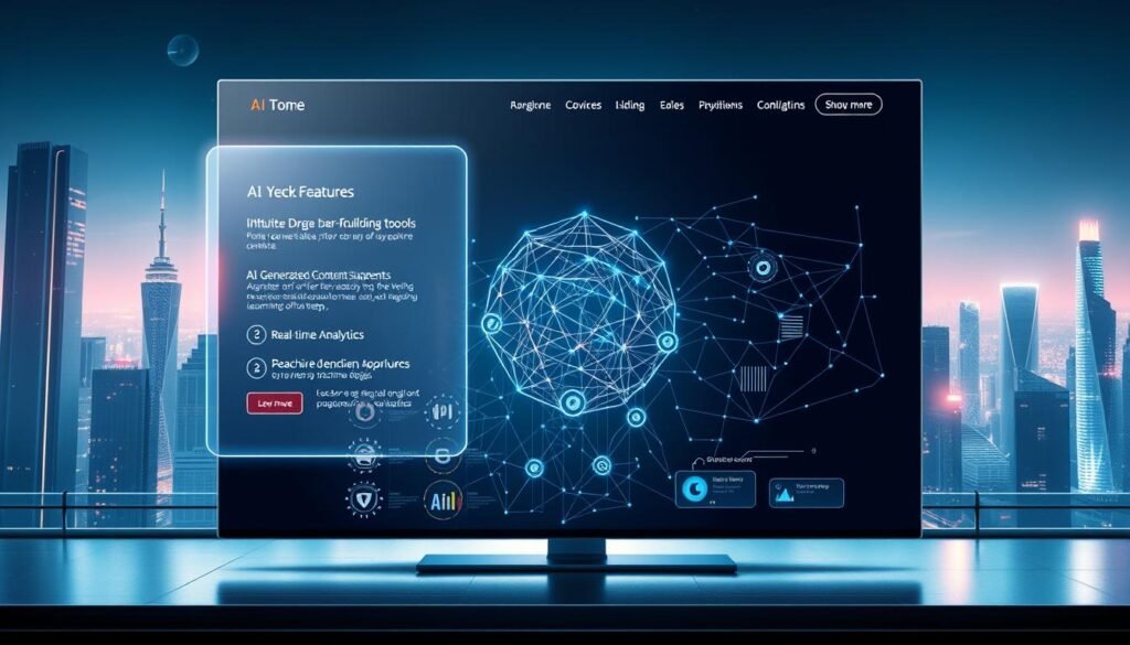 A visually striking and technologically advanced AI-powered website, featuring a sleek, minimalist layout with clean lines and a bold color palette. In the foreground, a floating holographic display showcases key features, including intuitive drag-and-drop website building tools, AI-generated content suggestions, and real-time analytics. The middle ground features a seamless integration of machine learning algorithms, visualized as a dynamic mesh of interconnected nodes and data streams. In the background, a futuristic cityscape with towering skyscrapers and glowing neon accents sets the scene, conveying a sense of innovation and progress. The lighting is a combination of sharp, directional highlights and soft, ambient illumination, creating depth and dimension. The overall mood is one of cutting-edge technology, efficiency, and a vision for the future of website design.