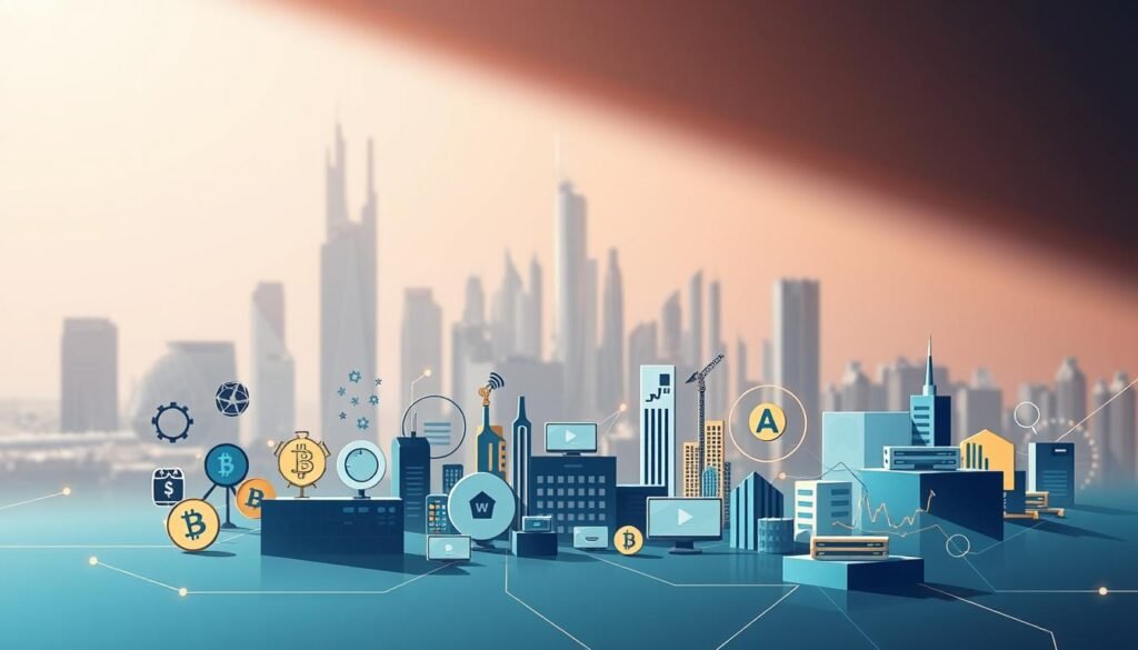 A visually striking illustration of "أنواع الأصول الرقمية" for the Flippa article. A sleek, minimalist composition featuring clean lines and bold geometric shapes. In the foreground, various digital asset icons - cryptocurrency, domain names, websites, apps, and online businesses - arranged in a dynamic, overlapping layout. The middle ground showcases a futuristic cityscape with towering skyscrapers, hinting at the digital landscape. The background is bathed in a soft, ethereal glow, creating a sense of technological wonder and innovation. Moody lighting casts dramatic shadows, while a subtle depth of field draws the viewer's focus to the central digital assets. An immersive, visually captivating representation of the diverse digital investment opportunities presented by Flippa.