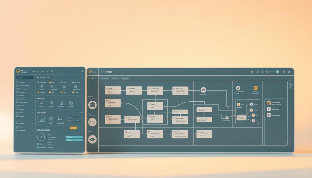 A visually stunning and meticulously crafted visual workflow builder, set against a crisp, minimalist backdrop. The foreground features an intuitive user interface with clean, well-organized panels and icons, suggesting a seamless, streamlined experience. The middle ground showcases various workflow components, connected by sleek, dynamic lines, creating a sense of interconnectivity and automation. The background subtly hints at the broader ecosystem of integrations and data sources, lending an air of comprehensive capability. Warm, directional lighting casts subtle shadows, accentuating the depth and three-dimensionality of the scene, while a subtle, muted color palette evokes a professional, enterprise-grade aesthetic.