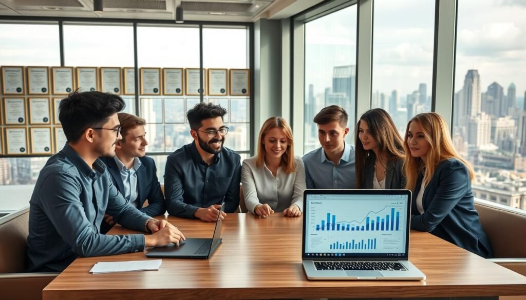 A well-lit and expansive office interior, with sleek modern furniture and large windows overlooking a bustling cityscape. In the foreground, a team of young professionals gathered around a table, deep in discussion, their expressions focused and engaged. Atop the table, a laptop displays a dashboard of business metrics, charts, and graphs, indicating the company's impressive growth trajectory. The middle ground features an array of framed certificates and awards lining the walls, signifying the company's accolades and success. The background showcases a vibrant and dynamic city skyline, hinting at the wider world of opportunities and challenges that this thriving business navigates. The overall atmosphere is one of energy, innovation, and a sense of accomplishment, capturing the essence of a successful business case study.