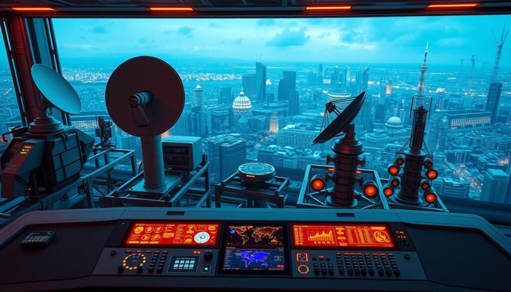 An array of futuristic international communication hubs, with sleek, minimalist interfaces and glowing holographic displays. In the foreground, a central command console with tactile controls and a panoramic view screen showcasing global network connectivity. In the middle ground, satellite dishes and antennae arrays on a modular, modular framework, bathed in warm, directional lighting. In the background, a vast, panoramic cityscape with towering skyscrapers and gleaming, high-tech infrastructure, suggesting the global reach and interconnectedness of advanced telecommunications systems. The overall atmosphere conveys a sense of cutting-edge technology, seamless integration, and worldwide collaboration.