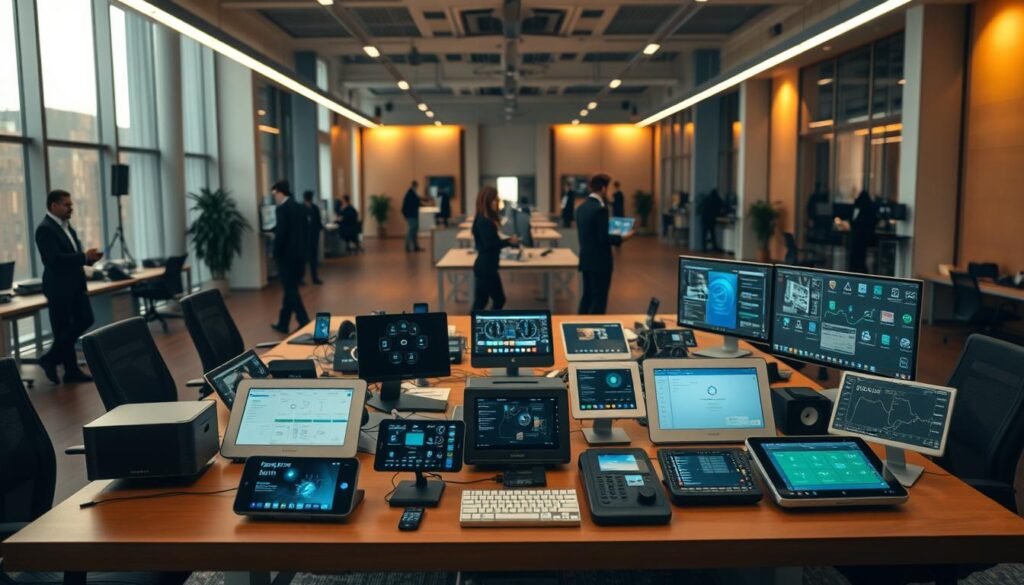 An expansive office interior with a central table, showcasing a variety of automation platforms. In the foreground, various devices and interfaces are displayed, representing the diverse options available. The middle ground features silhouettes of people interacting with the systems, highlighting the user experience. The background is bathed in a warm, ambient lighting that creates a professional, tech-forward atmosphere. The scene conveys the breadth of automation alternatives, inviting the viewer to explore the possibilities beyond a single solution.