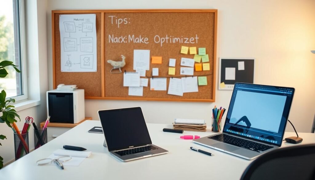 An organized, efficient office with clean, minimalist desk setup. On the desk, a laptop, tablet, and various office supplies like pens, highlighters, and sticky notes. In the background, a corkboard with diagrams, flowcharts, and Post-it notes, indicating workflow optimization techniques. Soft, natural lighting from a large window illuminates the scene, creating a productive, focused atmosphere. The overall impression conveys a sense of streamlined productivity and intentional organization, reflecting the "Tips for Maximizing Make.com" section of the article.