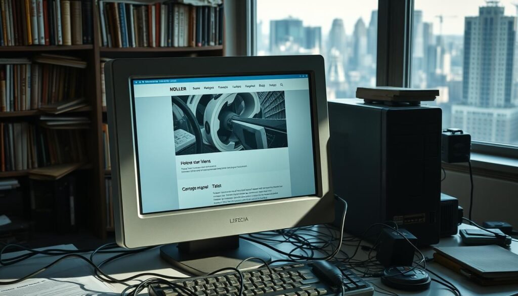 An outdated desktop computer sitting on a cluttered office desk, surrounded by tangled cables and obsolete peripherals. The screen displays a basic website template with limited customization options, highlighting the constraints of a rigid, one-size-fits-all design approach. The lighting is harsh, casting deep shadows, conveying a sense of frustration and technological stagnation. In the background, a bookshelf filled with outdated web development books and a window overlooking a bustling city, emphasizing the disconnect between the static website and the rapidly evolving digital landscape.
