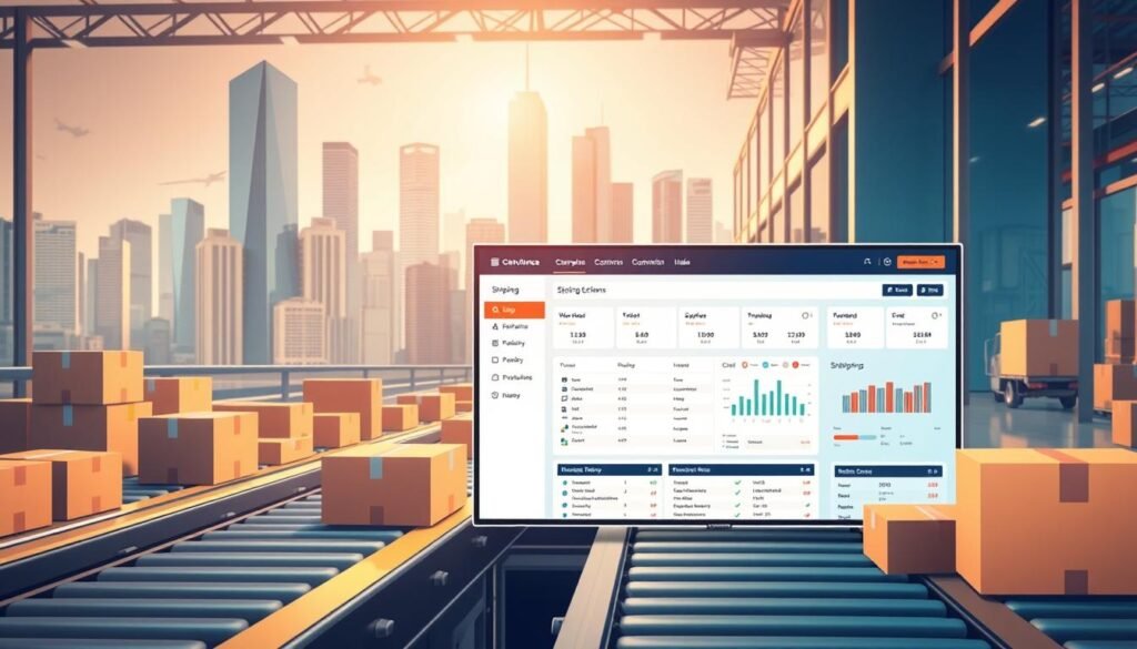 Detailed digital illustration of e-commerce shipping integrations. In the foreground, a sleek, modern web dashboard showcases shipping options and tracking data. Behind it, boxes and packages move along conveyor belts, representing the logistics of order fulfillment. In the background, skyscrapers and cityscapes suggest a bustling urban environment. The scene is bathed in warm, soft lighting, creating a sense of efficiency and technological prowess. The composition emphasizes the seamless integration of online sales, warehouse management, and shipping providers - a comprehensive solution for e-commerce businesses.