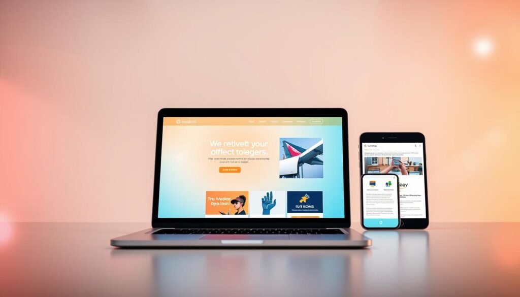 Sleek and modern website design with vibrant color accents, minimalist typography, and intuitive user interface elements. A laptop in the foreground showcases a beautifully designed website, its screen glowing with a warm, soft light. In the middle ground, a tablet and smartphone display responsive designs, highlighting the benefits of cross-device compatibility. The background features a clean, geometric pattern, radiating a sense of professionalism and digital innovation. Subtle lens flare and a shallow depth of field create a polished, high-quality aesthetic, conveying the advantages of a seamless, visually appealing web presence.