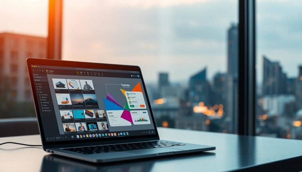 a modern, minimalist, no-code website design platform with a clean, user-friendly interface. The foreground features a laptop display showcasing the platform's intuitive visual editor, with drag-and-drop tools and a variety of customizable templates. In the middle ground, there are colorful, geometric shapes and icons representing the platform's range of design and development capabilities. The background depicts a soft, blurred cityscape, conveying a sense of urban sophistication and technological innovation. The overall scene is illuminated by warm, directional lighting, creating a professional, aspirational atmosphere.