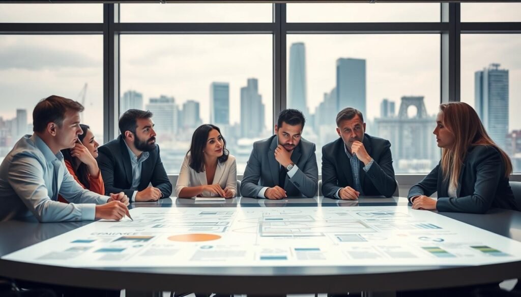 A boardroom table with executives engaged in strategic discussions, the lighting soft and focused, capturing the thoughtful expressions on their faces. In the foreground, a team collaborating on a digital whiteboard, brainstorming ideas and mapping out plans. The background features large windows overlooking a bustling city skyline, symbolizing the broader societal impact of their work. The scene conveys a sense of purpose, innovation, and the collaborative nature of strategic communications.