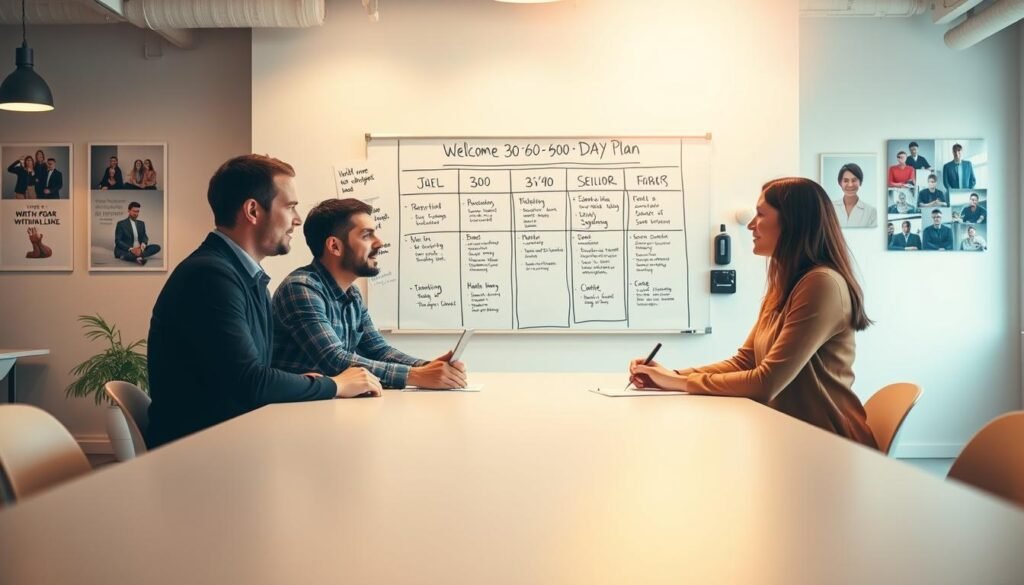 A bright, airy office setting, with a large table in the foreground where a new employee sits across from a senior team member, engaged in a welcoming discussion. The background features a whiteboard with a '30-60-90 Day Plan' outline displayed, alongside motivational quotes and team photos. Warm, soft lighting illuminates the scene, creating a sense of professionalism and camaraderie. The composition emphasizes the collaborative nature of the onboarding process, with the two figures leaning in, actively participating in the conversation. The overall atmosphere conveys a sense of excitement and optimism, reflecting the goals and growth opportunities outlined in the '30-60-90 Day Plan' framework.