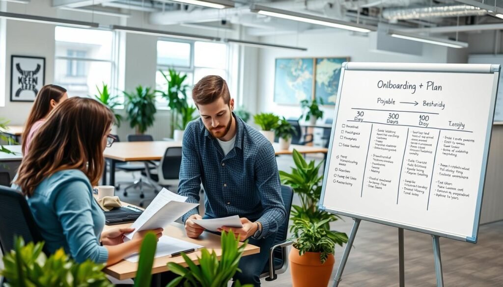 A bright and inviting office setting with a team of professionals engaged in a structured onboarding process. In the foreground, a new employee sits at a desk, eagerly reviewing documents and interacting with a seasoned colleague providing guidance. In the middle ground, a whiteboard displays a structured 30-60-90 day plan, outlining clear milestones and objectives. The background features a modern, well-lit workspace with ergonomic furniture, potted plants, and motivational artwork on the walls, conveying a sense of productivity and growth. The overall atmosphere is one of collaborative learning, setting the stage for a successful onboarding experience.