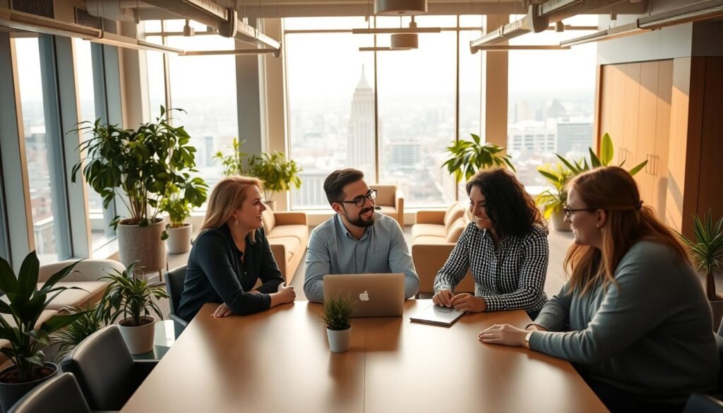 A bright, modern office setting with an open floor plan. In the foreground, a group of coworkers collaborating around a conference table, their expressions conveying a sense of camaraderie and shared purpose. The middle ground features an employee lounge with comfortable seating and lush indoor plants, reflecting a focus on work-life balance. In the background, floor-to-ceiling windows offer a panoramic view of a bustling cityscape, hinting at the larger organizational context. The lighting is warm and natural, creating an inviting atmosphere. The overall scene radiates a professional yet approachable company culture, where employees feel empowered and valued. A bright, modern office setting with an open floor plan. In the foreground, a group of coworkers collaborating around a conference table, their expressions conveying a sense of camaraderie and shared purpose. The middle ground features an employee lounge with comfortable seating and lush indoor plants, reflecting a focus on work-life balance. In the background, floor-to-ceiling windows offer a panoramic view of a bustling cityscape, hinting at the larger organizational context. The lighting is warm and natural, creating an inviting atmosphere. The overall scene radiates a professional yet approachable company culture, where employees feel empowered and valued.