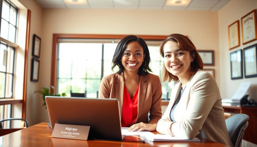 A bright, welcoming office setting with a warm, professional atmosphere. In the foreground, a woman sits at a desk, leaning forward with an inviting expression, ready to guide a prospective student through the enrollment process. On the desk, neatly organized documents, a laptop, and a nameplate. Behind her, a large window floods the room with natural light, creating a sense of openness and transparency. On the walls, framed certificates and diplomas convey the program's prestige and academic rigor. The overall scene exudes a tone of support, clarity, and the promise of a transformative educational journey. A bright, welcoming office setting with a warm, professional atmosphere. In the foreground, a woman sits at a desk, leaning forward with an inviting expression, ready to guide a prospective student through the enrollment process. On the desk, neatly organized documents, a laptop, and a nameplate. Behind her, a large window floods the room with natural light, creating a sense of openness and transparency. On the walls, framed certificates and diplomas convey the program's prestige and academic rigor. The overall scene exudes a tone of support, clarity, and the promise of a transformative educational journey.