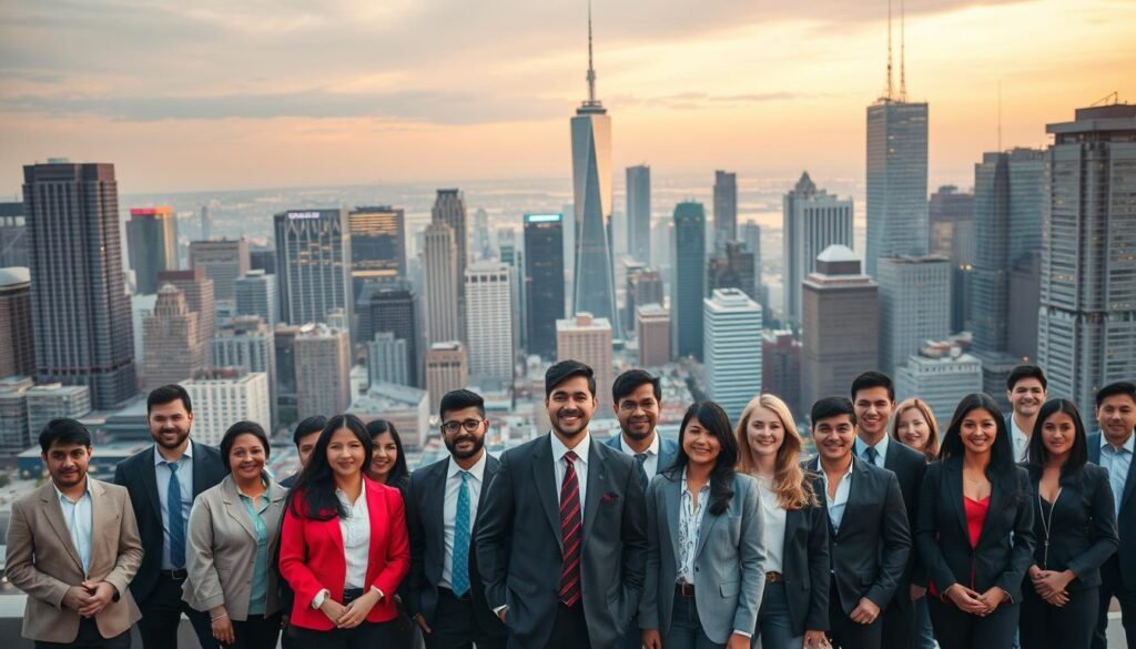 A bustling city skyline, illuminated by the warm glow of the setting sun, serves as the backdrop for a dynamic scene of career opportunities. In the foreground, a diverse group of professionals stands confidently, their attire and body language exuding a sense of purpose and ambition. The middle ground showcases a variety of thriving industries, from towering skyscrapers housing corporate headquarters to bustling startup hubs brimming with innovation. The image is captured through a wide-angle lens, creating a sense of depth and scale, while the soft, diffused lighting casts a hopeful and inspiring atmosphere. This scene embodies the notion that a world of boundless potential awaits those willing to seize the right career path.