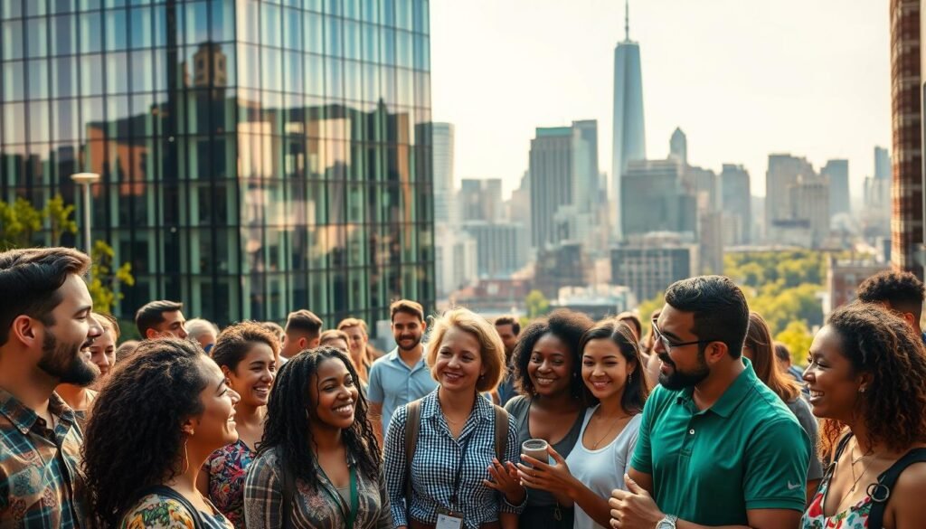 A bustling cityscape filled with vibrant energy, where innovative ideas and social progress intertwine. In the foreground, a diverse group of passionate individuals collaborate, their expressions animated as they brainstorm solutions to pressing societal challenges. The middle ground showcases a modern, glass-clad building, its sleek architecture reflecting the forward-thinking nature of the Echoing Green Fellowship. In the background, a skyline of towering skyscrapers and lush green spaces symbolizes the global impact and sustainable vision of this renowned program for emerging social leaders. Warm, natural lighting bathes the scene, evoking a sense of optimism and possibility.