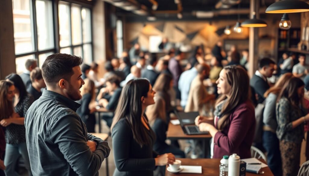 A bustling coffee shop, the hub of networking and mentorship for aspiring product managers. In the foreground, two professionals engaged in an animated discussion, their body language exuding enthusiasm and camaraderie. Overhead, a warm, soft lighting filters through the large windows, casting a cozy glow over the scene. In the middle ground, other groups of individuals huddle around small tables, laptops open, ideas flowing. The background is a blur of activity, a diverse crowd of industry experts and newcomers mingling, exchanging cards and exchanging insights. The atmosphere is one of collaboration, inspiration, and a shared passion for the art of product management.