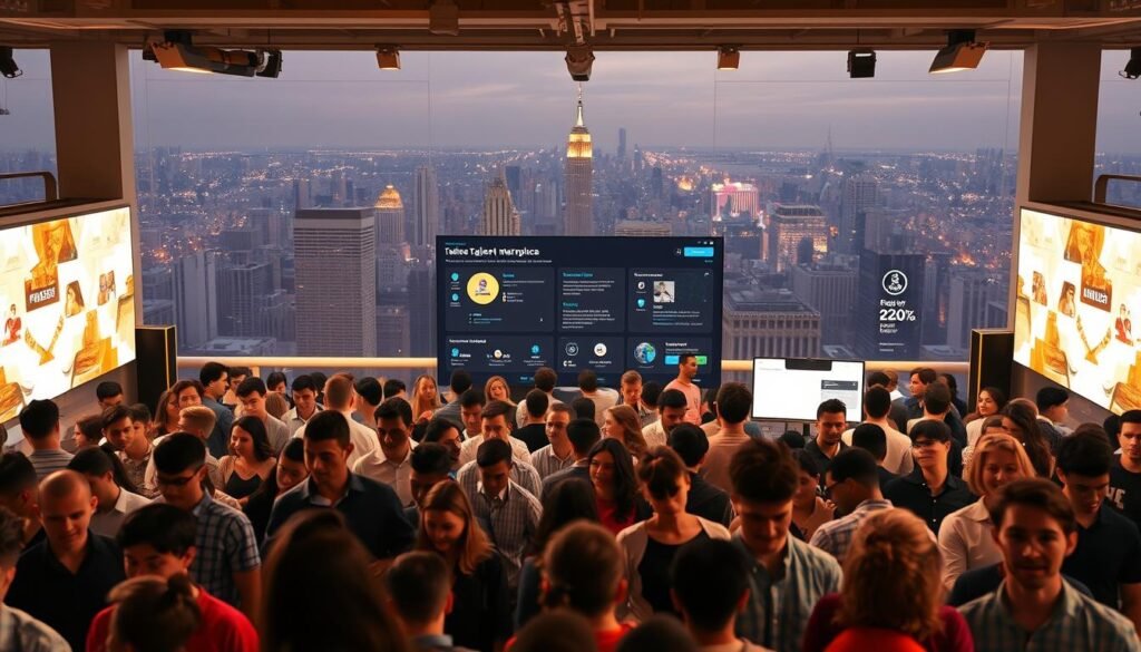 A bustling freelance talent marketplace, illuminated by warm, natural lighting. In the foreground, a diverse array of freelancers, each with their unique skills and expertise, showcased in dynamic profiles. The middle ground features a sleek, intuitive user interface, with seamless client-freelancer matching and project management tools. In the background, a panoramic cityscape, symbolic of the global reach and interconnectedness of the freelance economy. The atmosphere exudes a sense of opportunity, collaboration, and boundless potential, inviting both clients and talent to explore the possibilities of this dynamic marketplace.