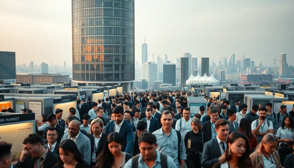 A bustling job market, captured in a dynamic wide-angle shot. In the foreground, a diverse crowd of job seekers navigates a maze of booths and information kiosks, their faces alight with determination. The middle ground features a towering glass and steel office building, its sleek facade reflecting the bustle of activity below. In the background, a hazy cityscape stretches out, dotted with skyscrapers and cranes, hinting at the wealth of opportunities awaiting the ambitious. Soft, diffused lighting casts a warm, inviting glow over the scene, conveying a sense of optimism and potential for those seeking their next professional chapter.