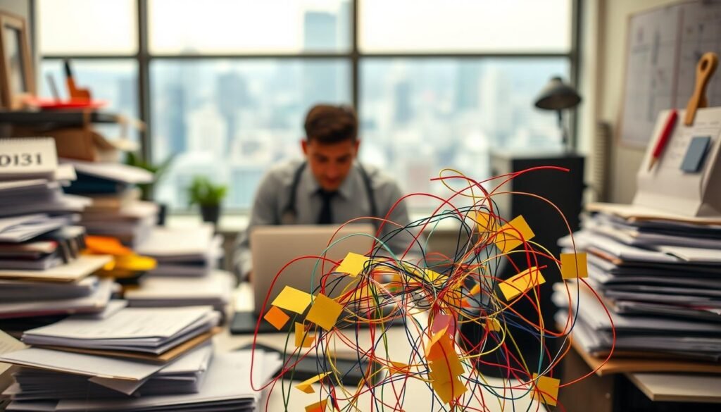 A bustling office scene, with a person sitting at a desk, surrounded by stacks of paperwork, a laptop, and a calendar. The lighting is warm and focused, creating a sense of concentration and determination. In the middle ground, a tangle of multicolored strings and Post-It notes represent the chaos of juggling work tasks and personal commitments. In the background, a blurred cityscape suggests the broader context of a career change. The overall mood is one of carefully managing limited time and resources to prioritize professional goals.