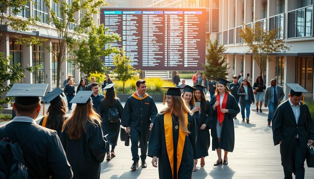 A bustling university campus with vibrant energy, students navigating busy pathways, surrounded by modern architecture and lush greenery. In the foreground, a group of graduates dressed in caps and gowns, excitedly discussing their career prospects, while in the middle ground, career counselors and recruiters engage with them, showcasing various job opportunities. The background features a large digital job board, displaying a diverse array of job listings, creating a sense of anticipation and possibility. The lighting is warm and inviting, capturing the optimism and excitement of this pivotal moment in the graduates' lives.