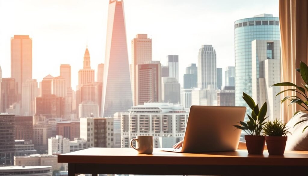 A bustling urban landscape, with skyscrapers and office buildings in the background, representing the corporate full-time career. In the foreground, a freelancer works remotely from a cozy home office, surrounded by a laptop, coffee mug, and plants, symbolizing the flexibility and independence of freelance work. The scene is bathed in warm, natural lighting, creating a sense of balance and harmony between the two contrasting career paths. The composition emphasizes the distinct lifestyles and work environments associated with freelance and full-time employment.