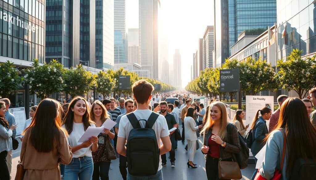 A bustling urban setting, with towering skyscrapers and a vibrant street scene. In the foreground, a group of diverse students standing confidently, resumes in hand, as they navigate a maze of job postings and recruitment booths. Warm, natural lighting casts a hopeful glow, highlighting the students' determination. In the middle ground, a career fair in full swing, with recruiters and representatives from various industries engaging with the eager attendees. The background features a blend of modern architecture and lush greenery, conveying a sense of progress and opportunity. An atmosphere of optimism and possibility permeates the scene, capturing the spirit of "Finding a Job as an International Student" in Germany.