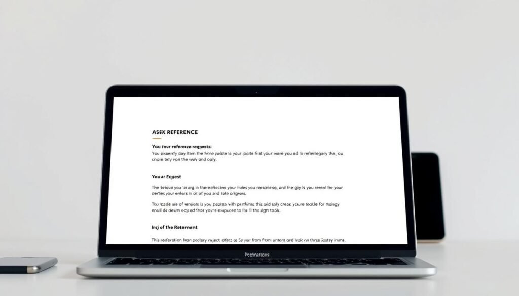 A clean, minimal, and professional email template design for asking references. The template features a simple grid layout with clean typography, subtle textures, and a muted color palette. The foreground includes neatly formatted email content with clearly structured sections for reference requests. The middle ground showcases a laptop screen displaying the email template, with a smartphone and notebook in the background, creating a cohesive office setting. The overall mood is calm, organized, and focused, conveying a sense of professionalism and efficiency.