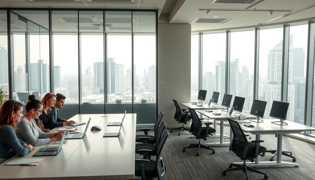 A clean, modern office interior with a glass partition separating two distinct work zones. In the foreground, a group of employees collaborating at a long conference table, their laptops and notepads spread out before them. The middle ground features individual workstations with adjustable standing desks and ergonomic chairs, each station equipped with the latest tech. The background showcases a floor-to-ceiling window overlooking a bustling cityscape, bathing the space in warm, diffused natural light. The overall atmosphere conveys a sense of productivity, flexibility, and a harmonious blend of individual and collaborative work.