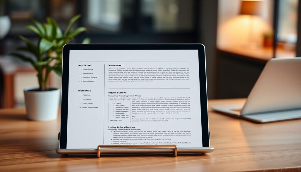 A clean, professional resume template displayed on a wooden desktop, with a soft, warm lighting illuminating the page. The layout features a clear hierarchy of information, with section headings and neatly organized content. The template showcases a sleek, minimalist design, emphasizing the content rather than excessive decorations. In the background, a blurred office environment with a potted plant and a laptop creates a subtle, professional ambiance. The overall impression conveys the benefits of using a well-structured, visually appealing ATS resume template to showcase one's qualifications effectively.