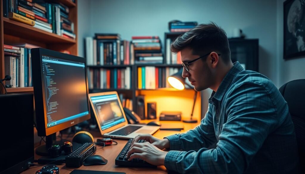 A cozy home office setup, with a desktop computer, a laptop, and various tech gadgets scattered across a wooden desk. Warm, ambient lighting illuminates the scene, creating a welcoming atmosphere for a self-taught software developer. In the background, a bookshelf filled with programming books and online course materials, hinting at the dedicated learning journey. The foreground features a pensive developer, deep in concentration, hands poised over the keyboard, showcasing the determination and passion required to build a successful software development career without a formal degree.