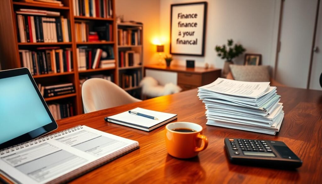 A cozy home office with a large wooden desk, a laptop, a planner, and a calculator. The lighting is warm and inviting, casting a soft glow across the scene. In the background, a bookshelf filled with finance-related books and a framed inspirational quote on the wall. On the desk, a stack of neatly organized financial documents and a cup of coffee, creating a productive and focused atmosphere. The overall scene conveys a sense of thoughtfulness and determination in setting financial goals.