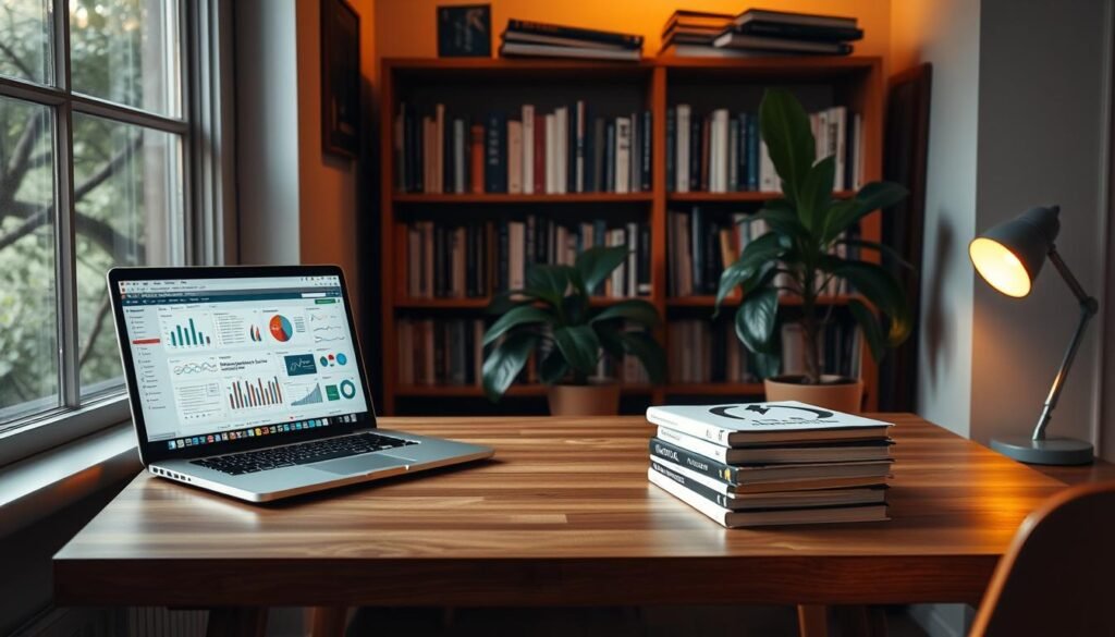 A cozy study nook with a sleek wooden desk, a stack of data analysis books, and a laptop displaying various visualizations and charts. Warm ambient lighting filters in through a large window, casting a soft glow on the scene. In the background, a bookshelf houses a collection of data-related resources, complemented by a houseplant adding a touch of nature. The overall atmosphere conveys a sense of focused learning and intellectual growth, ideal for a data analyst's journey.