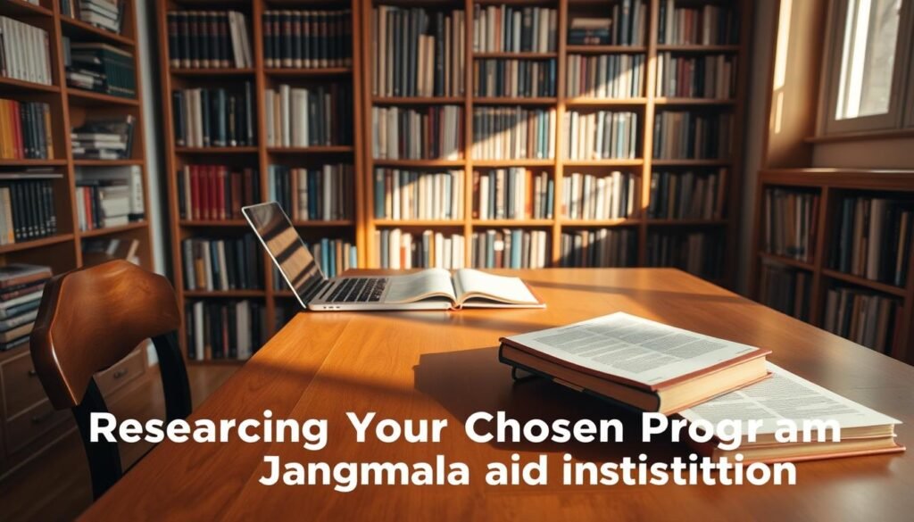 A cozy study space with a wooden desk, a laptop, and reference books neatly arranged. Warm, directional lighting casts soft shadows, creating a contemplative ambiance. In the background, a bookshelf filled with volumes on various academic subjects, hinting at the depth of research required. The scene is captured through a wide-angle lens, emphasizing the thoughtful, focused nature of the task at hand. The overall mood is one of intellectual curiosity and diligent preparation, reflecting the essence of "Researching Your Chosen Program and Institution."