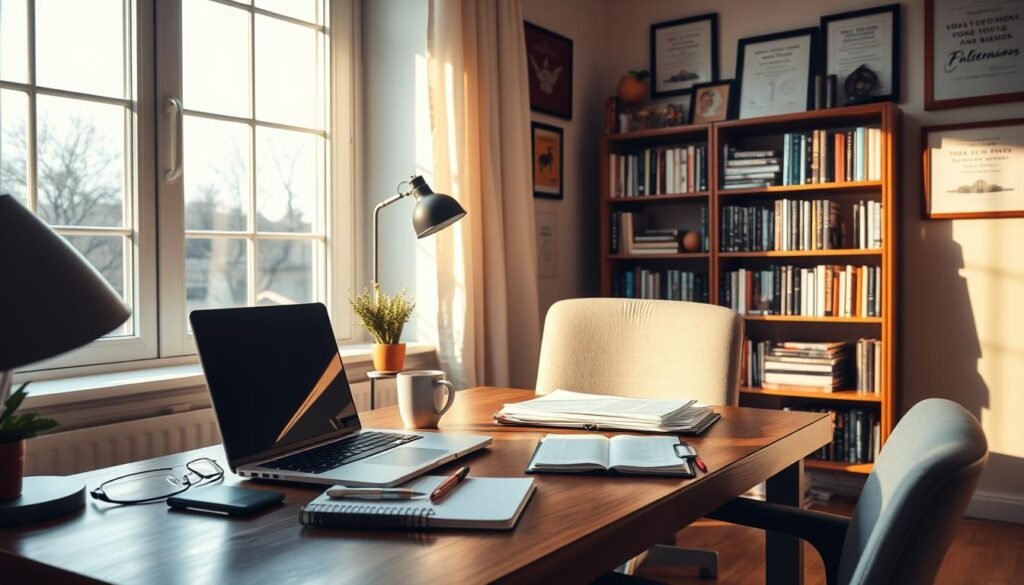 A cozy, well-lit home office, bathed in warm natural light from a large window. On the desk, a laptop, a stack of documents, a cup of coffee, and a pen neatly arranged. Beside the desk, a planner, a notebook, and a pair of eyeglasses, suggesting diligent preparation. The walls are adorned with motivational quotes and framed certificates, creating an atmosphere of focus and professionalism. In the background, a bookshelf filled with relevant industry literature. The overall scene conveys a sense of calm, organized preparation for an important interview. A cozy, well-lit home office, bathed in warm natural light from a large window. On the desk, a laptop, a stack of documents, a cup of coffee, and a pen neatly arranged. Beside the desk, a planner, a notebook, and a pair of eyeglasses, suggesting diligent preparation. The walls are adorned with motivational quotes and framed certificates, creating an atmosphere of focus and professionalism. In the background, a bookshelf filled with relevant industry literature. The overall scene conveys a sense of calm, organized preparation for an important interview.
