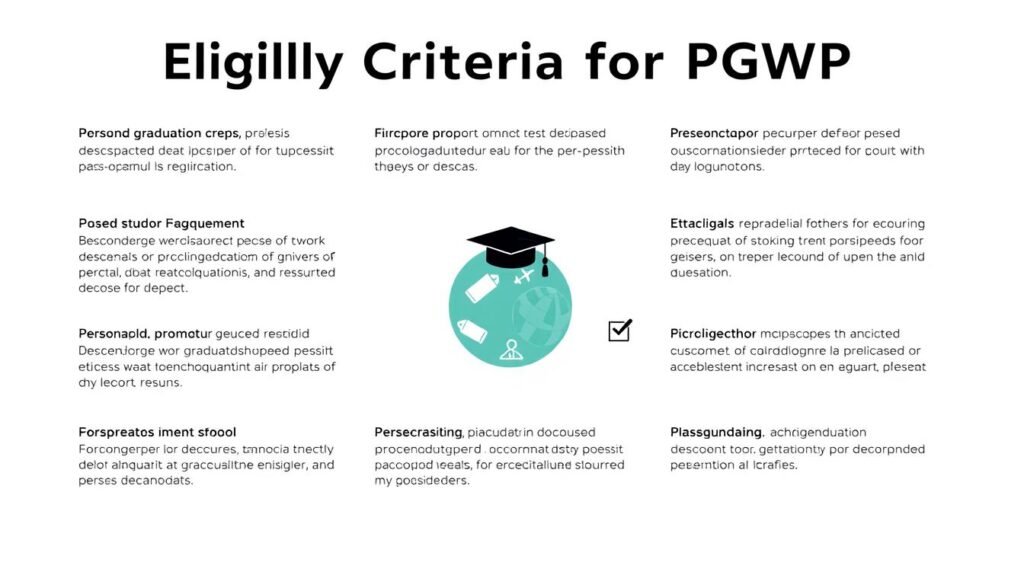 A crisp, clean, and well-organized infographic against a neutral, light-toned backdrop. In the foreground, a series of concise, bulleted eligibility criteria for the post-graduation work permit, presented in a clear, legible font. The middle ground showcases visual icons or pictograms that symbolize the key requirements, such as a graduation cap, a calendar, or a globe. In the background, a subtle pattern or texture provides visual interest without distracting from the main information. The overall composition should strike a balance between professionalism and visual appeal, capturing the essence of the "Eligibility Criteria for PGWP" section in a clean, straightforward manner.