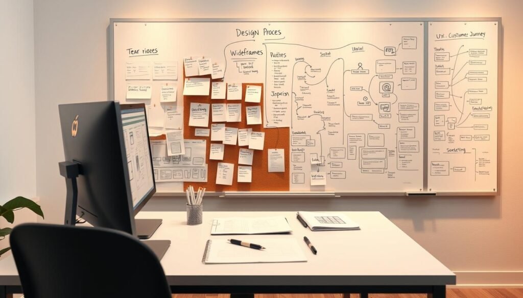 A crisp, clean design process documentation illustration showcasing a neatly organized workflow. In the foreground, a minimalist desk with a sketchpad, pens, and a computer monitor displaying wireframes. In the middle ground, annotated sticky notes and sketches pinned to a corkboard, representing the ideation and iteration stages. The background features a large whiteboard filled with mind maps, user personas, and customer journey diagrams, illuminated by warm, diffused lighting to convey a collaborative, thoughtful atmosphere. The overall composition emphasizes the thoroughness and rigor of the design process, serving as a visual representation of the key elements of a strong UX portfolio.
