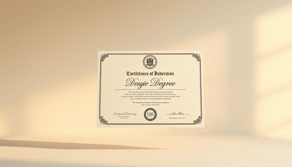 A crisp, formal university degree certificate floating in a serene, minimalist setting. Soft, warm lighting casts a subtle glow, highlighting the prestigious emblem and elegant calligraphic script. The parchment-like texture of the diploma creates a timeless, academic atmosphere. The degree is centered in the frame, with ample negative space surrounding it, conveying a sense of accomplishment and triumph. The overall composition is clean, balanced, and professional, reflecting the gravity and significance of this academic achievement. A crisp, formal university degree certificate floating in a serene, minimalist setting. Soft, warm lighting casts a subtle glow, highlighting the prestigious emblem and elegant calligraphic script. The parchment-like texture of the diploma creates a timeless, academic atmosphere. The degree is centered in the frame, with ample negative space surrounding it, conveying a sense of accomplishment and triumph. The overall composition is clean, balanced, and professional, reflecting the gravity and significance of this academic achievement.