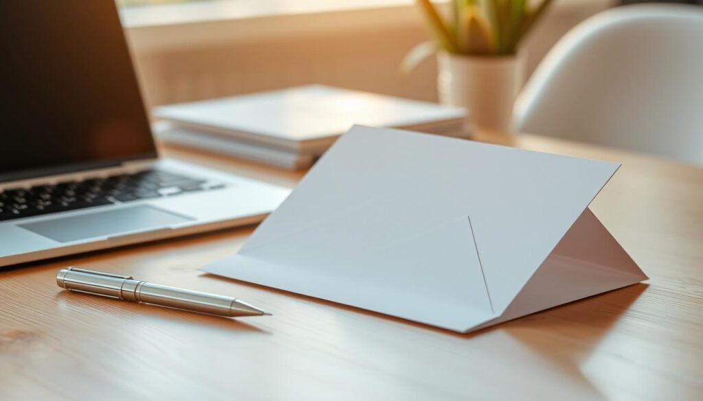 A crisp, professional-looking office desk with a laptop, a pen, and a neatly folded letter. The letter's envelope is prominently displayed, indicating an important post-interview follow-up document. The desk is bathed in warm, natural lighting, creating a sense of productivity and attention to detail. The background is slightly blurred, keeping the focus on the desk and the letter. The overall scene conveys a feeling of diligence, thoughtfulness, and the importance of making a lasting impression after a job interview.