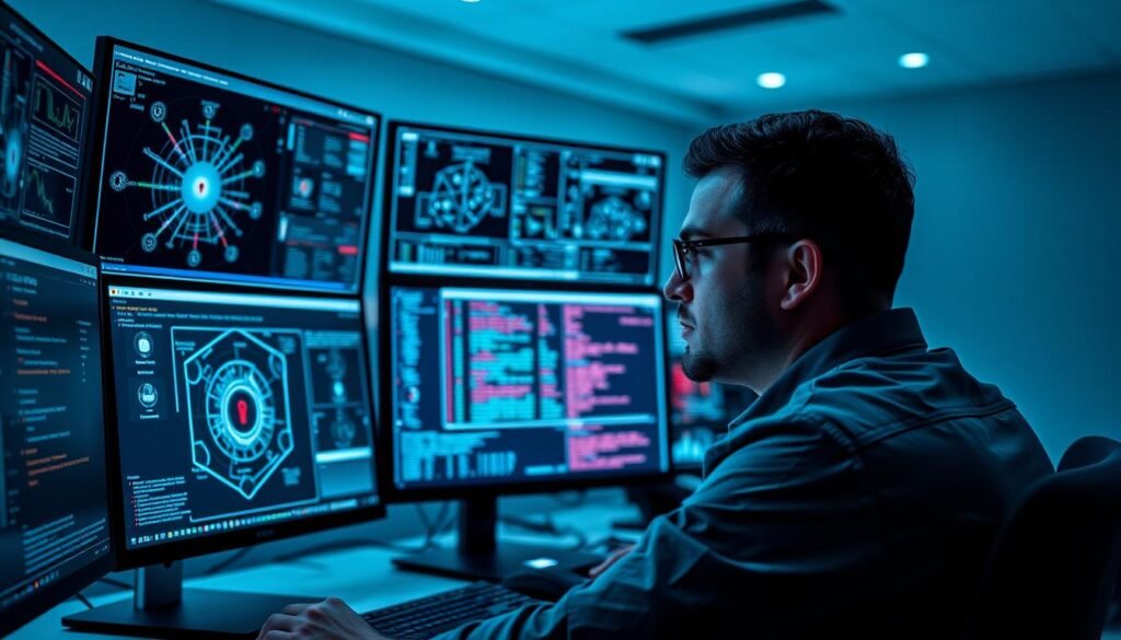 A cybersecurity analyst seated at a desk, intently studying multiple computer screens displaying intricate network diagrams, threat intelligence dashboards, and security event logs. The workspace is illuminated by the cool glow of digital displays, casting a contemplative atmosphere. The analyst's expression is one of deep focus, brow furrowed as they analyze patterns and anomalies, ready to detect and respond to emerging cyber threats. In the background, a minimalist office environment with clean lines and muted tones, emphasizing the importance of the analyst's mission-critical work. Soft, directional lighting highlights the details of the setup, creating a sense of professionalism and technological sophistication.