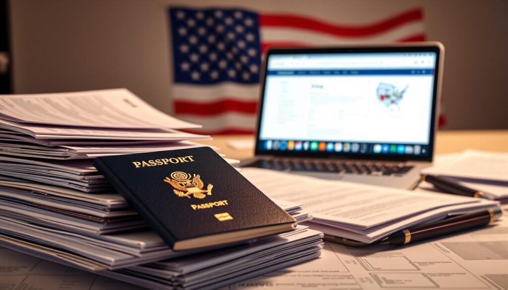 A detailed blueprint of the F-1 visa requirements, showcasing the essential documents and steps needed to secure a student visa for studying in the United States. The foreground features a stack of official forms, passports, and supporting paperwork, meticulously arranged. In the middle ground, a laptop displays an online application form, highlighting the digital submission process. The background reveals a stylized American flag, symbolizing the destination country. The lighting is soft and warm, conveying a sense of professionalism and authority. The overall composition aims to guide the viewer through the visa application journey, providing a comprehensive visual representation of the "F-1 visa requirements" section.