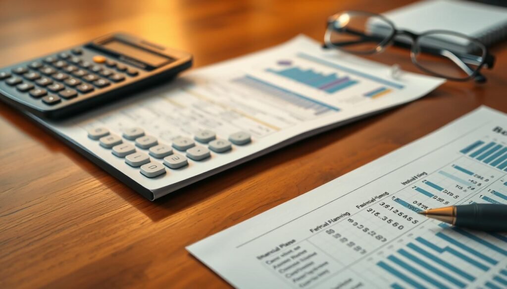 A detailed financial planning document with charts, graphs, and calculations, placed on a polished wooden desk. A calculator, pen, and glasses are neatly arranged, conveying a sense of organization and attention to detail. Soft, directional lighting creates a warm, professional atmosphere, highlighting the importance of the financial information. The depth of field blurs the background, keeping the focus on the financial planning materials, which appear crisp and legible.