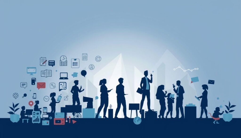 A detailed illustration depicting various transferable skills, showcased in a clean and visually appealing manner. In the foreground, a diverse array of icons representing skills such as communication, problem-solving, teamwork, and adaptability, arranged in a harmonious composition. The middle ground features silhouetted figures engaged in different activities, illustrating the application of these transferable skills in various professional settings. The background has a subtle, minimalist design with geometric shapes and lines, creating a sense of structure and organization. The lighting is soft and directional, highlighting the key elements and creating a sense of depth and dimensionality. The overall mood is one of confidence, versatility, and the empowerment that comes from recognizing and effectively leveraging one's transferable skills. A detailed illustration depicting various transferable skills, showcased in a clean and visually appealing manner. In the foreground, a diverse array of icons representing skills such as communication, problem-solving, teamwork, and adaptability, arranged in a harmonious composition. The middle ground features silhouetted figures engaged in different activities, illustrating the application of these transferable skills in various professional settings. The background has a subtle, minimalist design with geometric shapes and lines, creating a sense of structure and organization. The lighting is soft and directional, highlighting the key elements and creating a sense of depth and dimensionality. The overall mood is one of confidence, versatility, and the empowerment that comes from recognizing and effectively leveraging one's transferable skills.