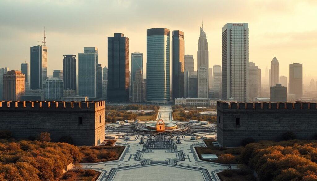 A digital landscape representing cybersecurity, with a central hub symbolizing the interconnected nature of modern infrastructure. In the foreground, a secure gateway guards against cyber threats, its architecture inspired by ancient fortifications. In the middle ground, a cluster of interconnected devices and networks convey the expansive digital realm. The background features a cityscape of towering skyscrapers, their glass facades reflecting the complexity and importance of safeguarding digital systems. Warm lighting casts a sense of vigilance, while muted tones suggest the gravity of the subject matter. The composition emphasizes the critical role of cybersecurity in protecting our increasingly digital world.