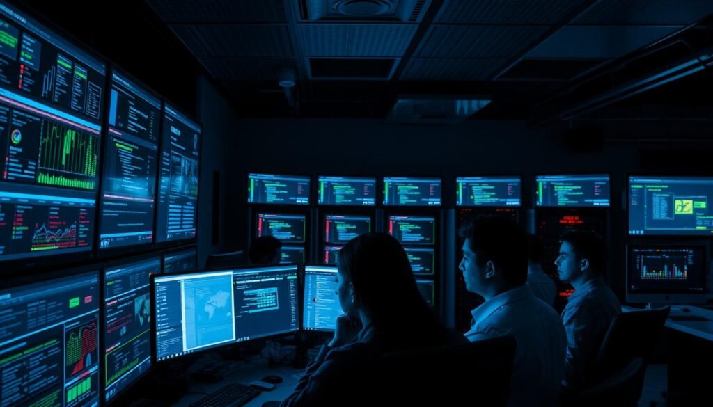 A dimly lit, high-tech cybersecurity operations center. In the foreground, an array of monitors and security dashboards display real-time threat data, network traffic, and vulnerability scans. In the middle ground, a team of analysts intently scrutinize the displays, their faces illuminated by the cool glow of the screens. In the background, a rack of servers hums, the lights blinking rhythmically, reflecting the analysts' relentless efforts to secure the network. The atmosphere is tense yet focused, as the analysts work to identify and mitigate potential cyber threats, protecting the organization from harm.