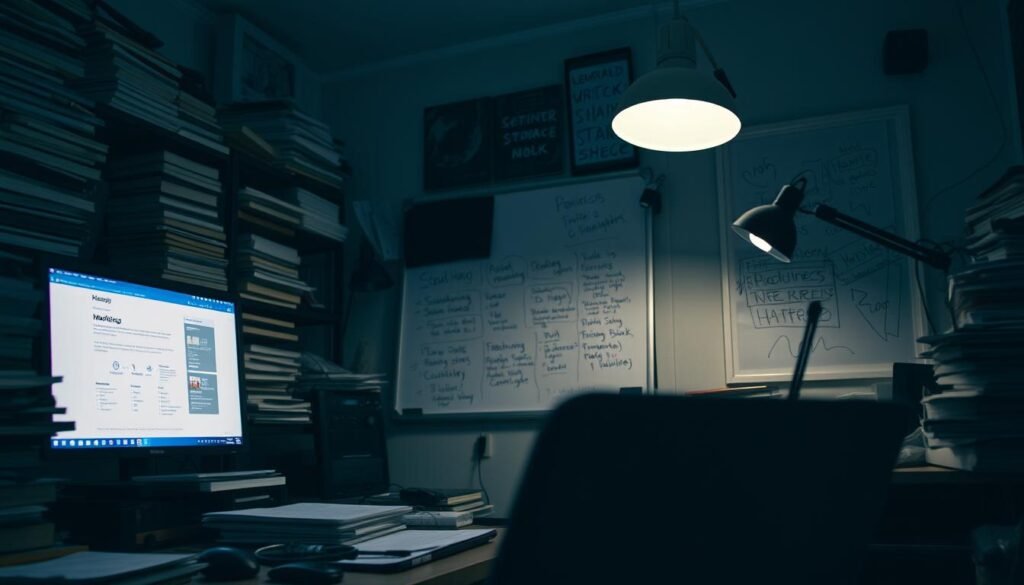 A dimly lit home office, cluttered with unfinished projects, stacks of books, and a tangle of cables. In the foreground, a beginner digital marketer stares pensively at a laptop screen, brow furrowed in concentration. The middle ground features a whiteboard filled with scribbled notes and half-erased strategies, while the background is shrouded in the soft glow of a single desk lamp, casting shadows that evoke the challenges and uncertainty that come with learning a new field. The scene conveys a sense of overwhelming complexity, but also a determination to overcome the obstacles and unlock the potential of digital marketing. A dimly lit home office, cluttered with unfinished projects, stacks of books, and a tangle of cables. In the foreground, a beginner digital marketer stares pensively at a laptop screen, brow furrowed in concentration. The middle ground features a whiteboard filled with scribbled notes and half-erased strategies, while the background is shrouded in the soft glow of a single desk lamp, casting shadows that evoke the challenges and uncertainty that come with learning a new field. The scene conveys a sense of overwhelming complexity, but also a determination to overcome the obstacles and unlock the potential of digital marketing.