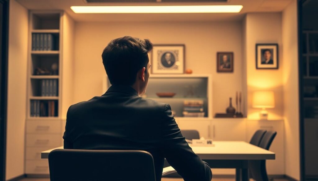 A dimly lit office setting, illuminated by warm overhead lighting. In the foreground, a young professional in a crisp suit sits across from an interviewer, their faces engaged in thoughtful discussion. The middle ground features a clean, minimalist desk with a nameplate and a small stack of resumes. The background showcases a bookshelf and tasteful wall decor, creating a sense of professionalism and intellectual depth. The overall atmosphere conveys a serious yet welcoming tone, suitable for a job interview session with a recent graduate.