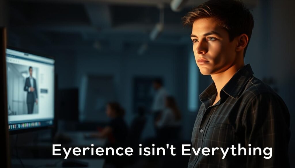 A dimly lit office setting, where a determined young professional stands in the foreground, their gaze fixed on the computer screen. The background is blurred, conveying a sense of focus and determination. Soft, warm lighting illuminates the scene, casting subtle shadows that add depth and dimension. The mood is one of quiet contemplation, as the subject ponders the notion that "Experience Isn't Everything." The composition is balanced, with the subject positioned slightly off-center, creating a sense of visual interest and drawing the viewer's attention to the central figure.