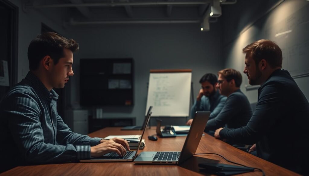 A dimly lit office setting, with a candidate sitting across from a panel of interviewers. The candidate's face is furrowed in concentration, fingers tapping a laptop keyboard, while the interviewers lean forward, evaluating their performance. The room is adorned with whiteboards, coding references, and a sense of intellectual rigor. Soft, directional lighting illuminates the scene, creating a sense of focus and intensity. The overall atmosphere conveys the high-stakes nature of a coding interview, where technical skills, problem-solving, and mental agility are put to the test.