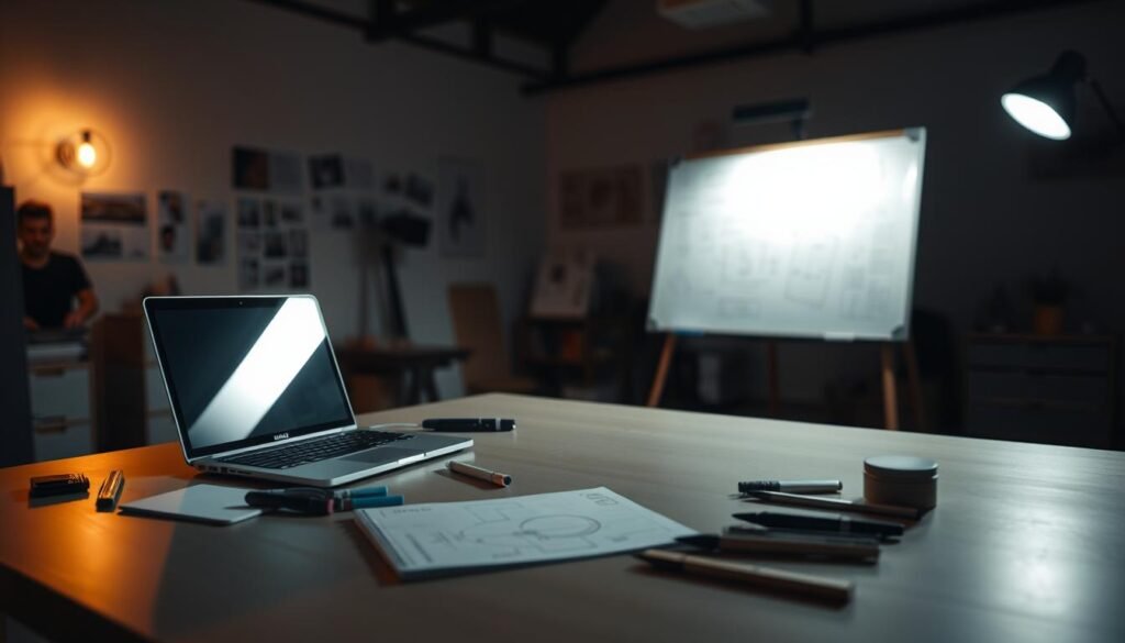 A dimly lit studio space, with a large desk occupying the foreground. On the desk, a laptop, a sketchpad, and various design tools, such as pens, markers, and a ruler, are neatly arranged. In the middle ground, a whiteboard stands, covered in sketches, wireframes, and notes, illuminated by a focused task light. The background is blurred, suggesting a quiet, contemplative atmosphere, with the faint silhouettes of more design objects and inspiration boards visible. The lighting is soft and warm, creating a cozy, productive ambiance, as if capturing the essence of research and planning in the design process.